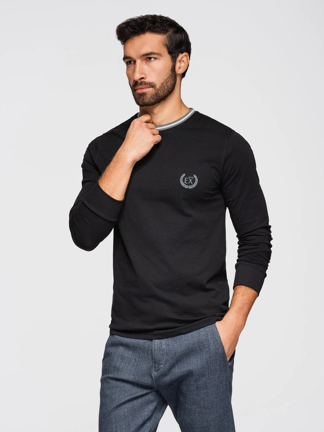 Men's cotton longsleeve with striped U neckline and embroidery - black V4 OM-LSCL-0128