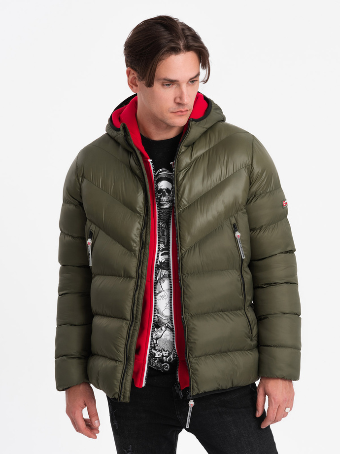 Men's quilted winter jacket with combined materials - dark olive green V3 OM-JAHP-0145