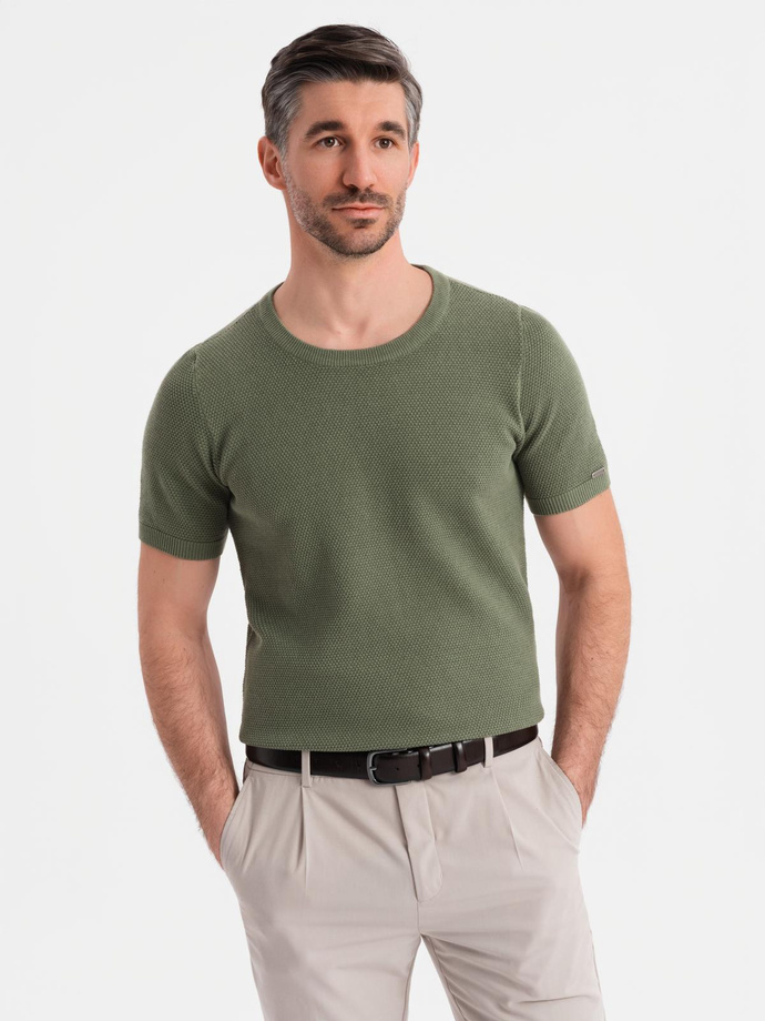 Men's knitted t-shirt with fine texture - olive V5 OM-TSCT-0244