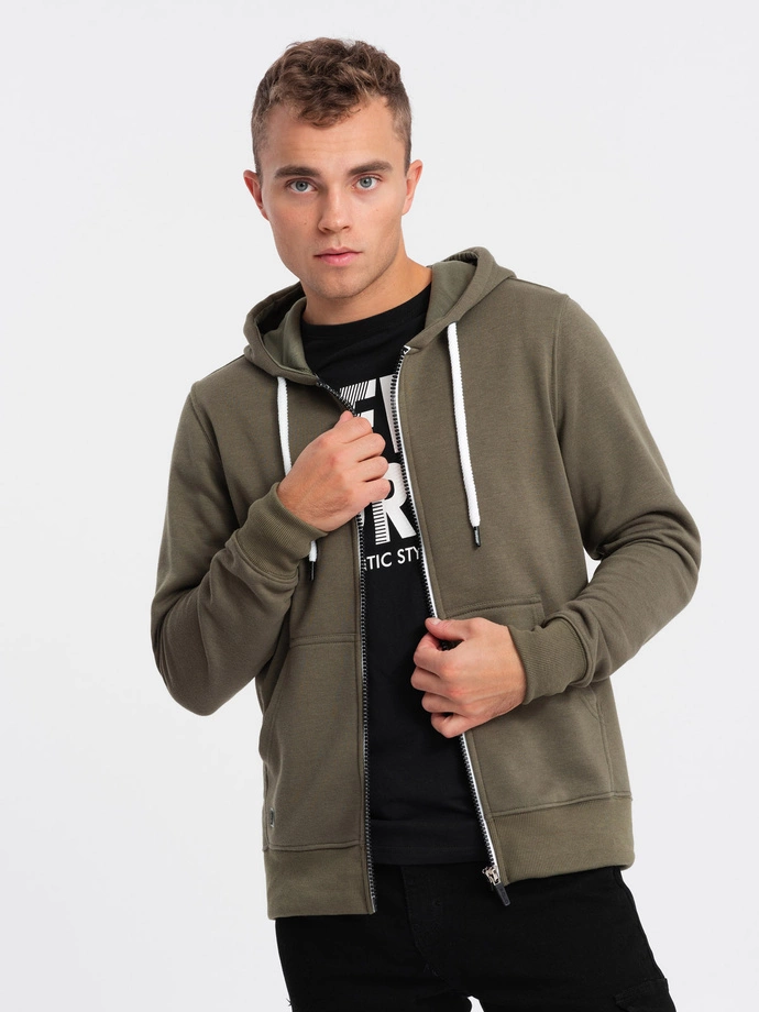 BASIC men's zip-up hoodie - dark olive green V11 OM-SSBZ-0118