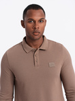 Men's structured polo longsleeve with patch - brown V4 OM-POLS-0131