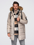 Men's long warm parka jacket with hood - beige V5 OM-JALJ-0182
