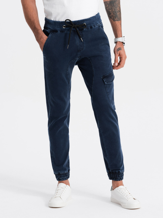 Pantaloni bărbați JOGGERS cu buzunar cargo - albastru marin V3 OM-PADJ-0112