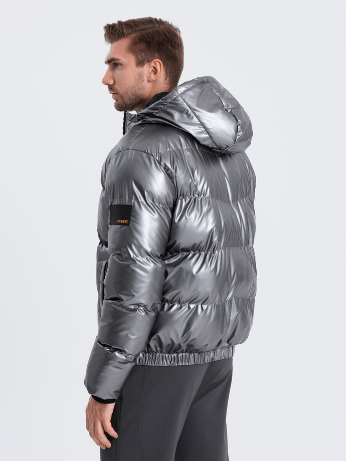 Men's glossy puffer jacket with hood - graphite V2 OM-JAHP-0129