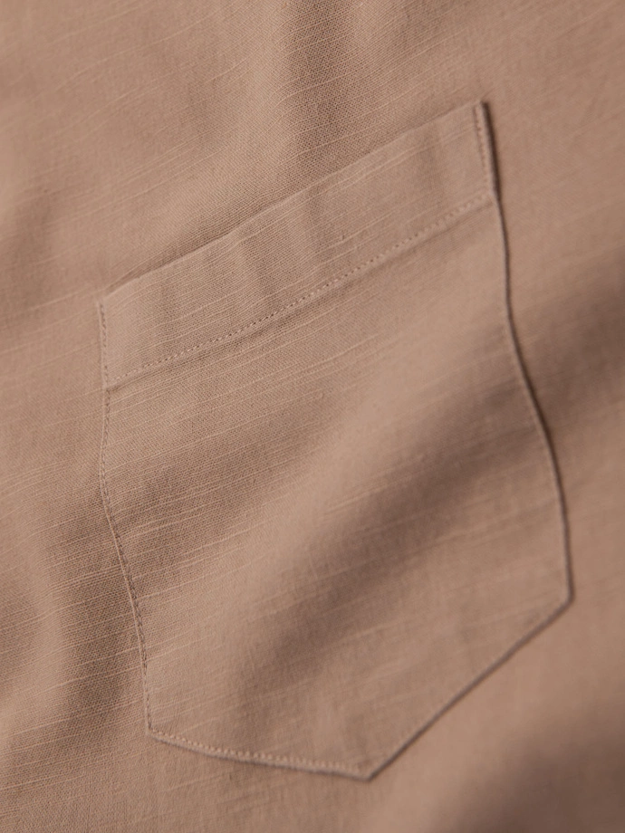 Men's linen shirt with stand-up collar and pocket REGULAR FIT - light brown V7 OM-SHCS-0161