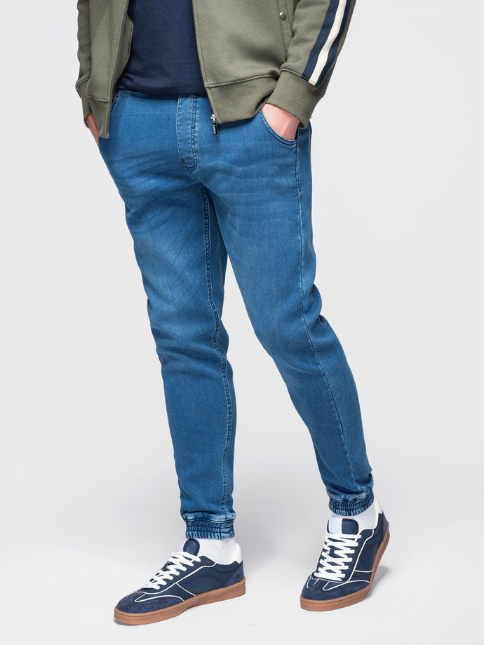 Pantaloni jogger din denim pentru bărbați cu cordon în talie - albastru V1 OM-PADJ-0242