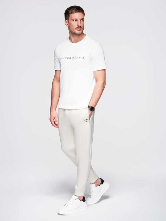 Men's sweatpants with ribbed legs and rubber print - white V2 OM-PASK-0223