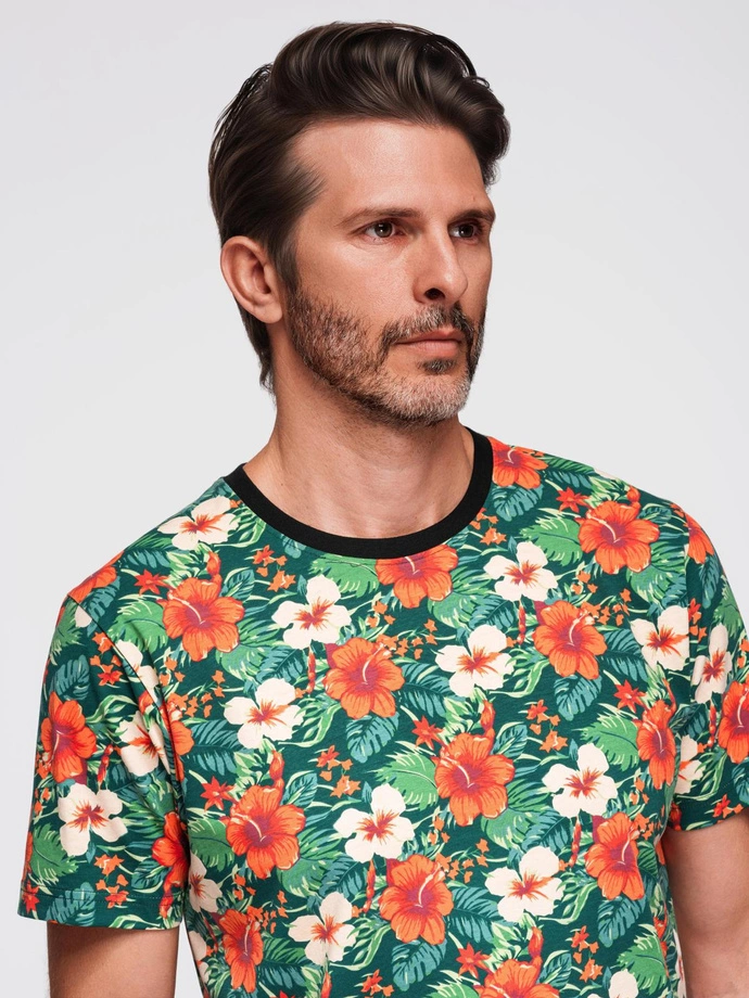 Men's full print floral pattern cotton t-shirt - black V2 OM-TSFP-0249