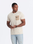 Tricou bărbătesc din bumbac cu imprimeu cu litere și buzunar - crem și maro V1 OM-TSFP-0188