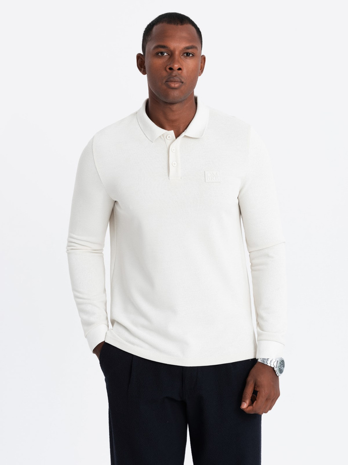 Structured men's polo longsleeve with patch - white V2 OM-POLS-0131
