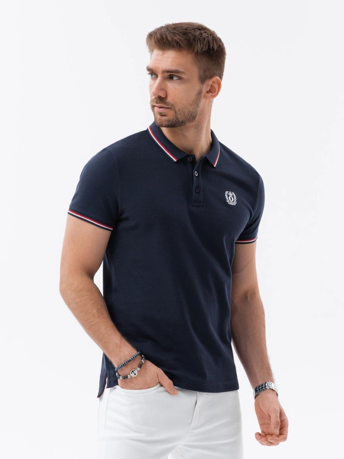 Tricou polo pentru bărbați cu ornamente contrastante - albastru marin V5 S1635