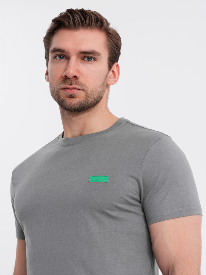 Men's cotton t-shirt with green patch on chest - gray V1 OM-TSCT-0151