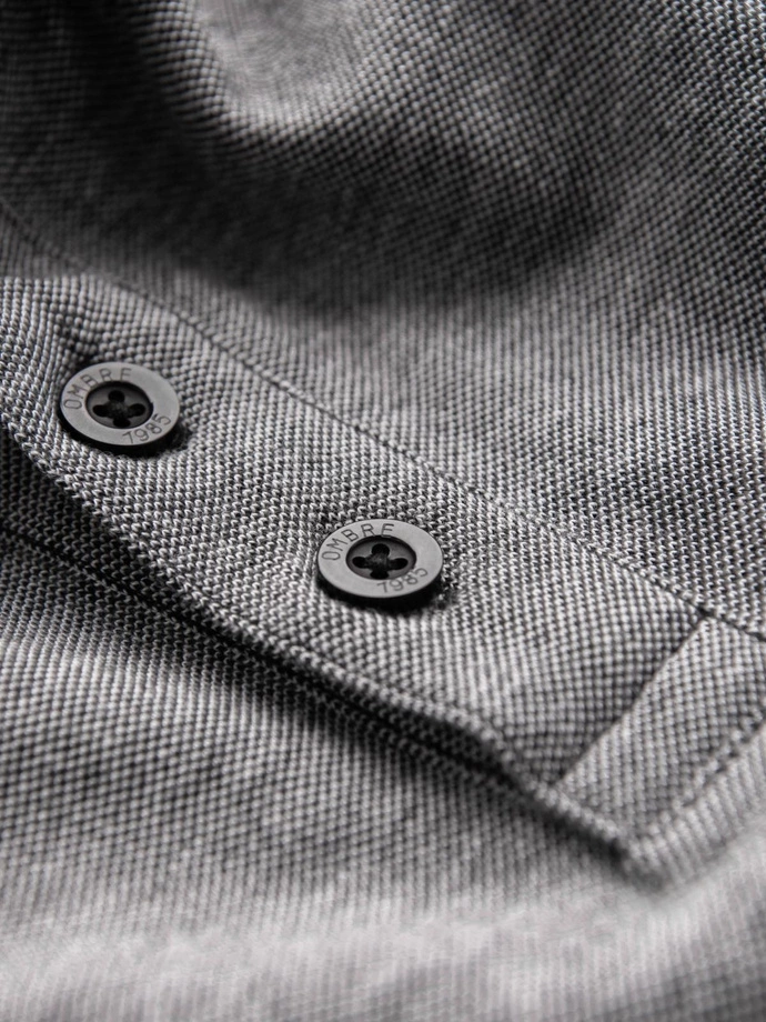 Men's melange polo longsleeve with embroidery - black melange V1 OM-POLS-0129