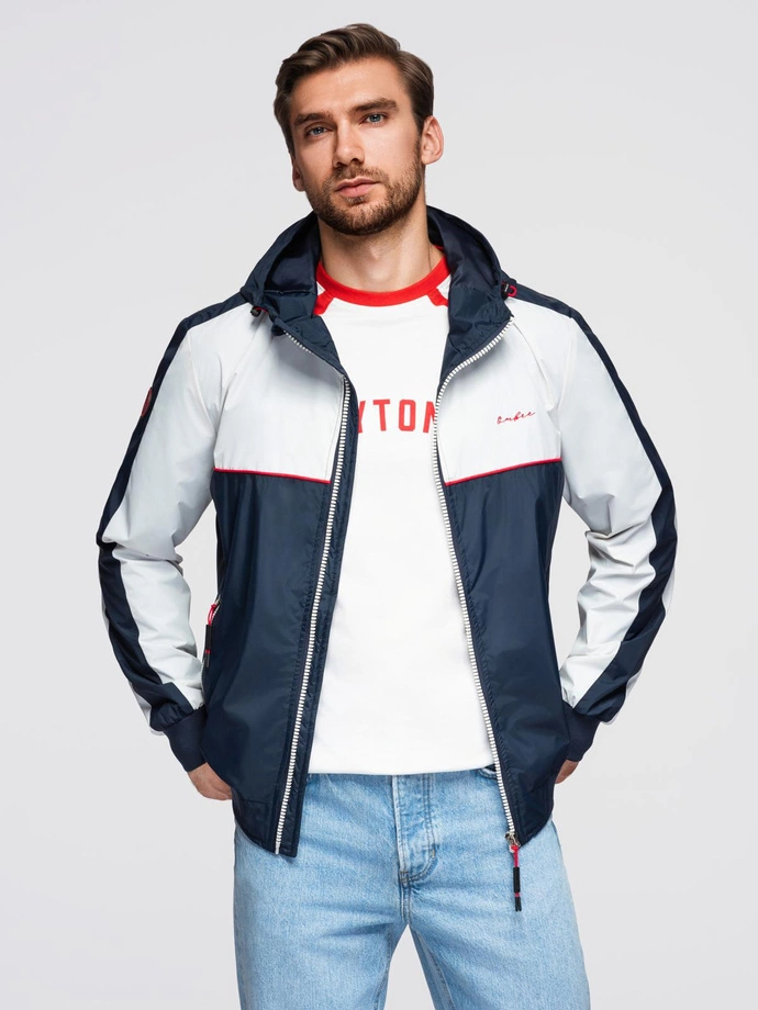 Men's contrast windbreaker jacket with hood - navy blue and white V1 OM-JANP-0228