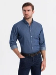 Men's patterned thin denim shirt with pocket - blue V2 OM-SHDS-0179