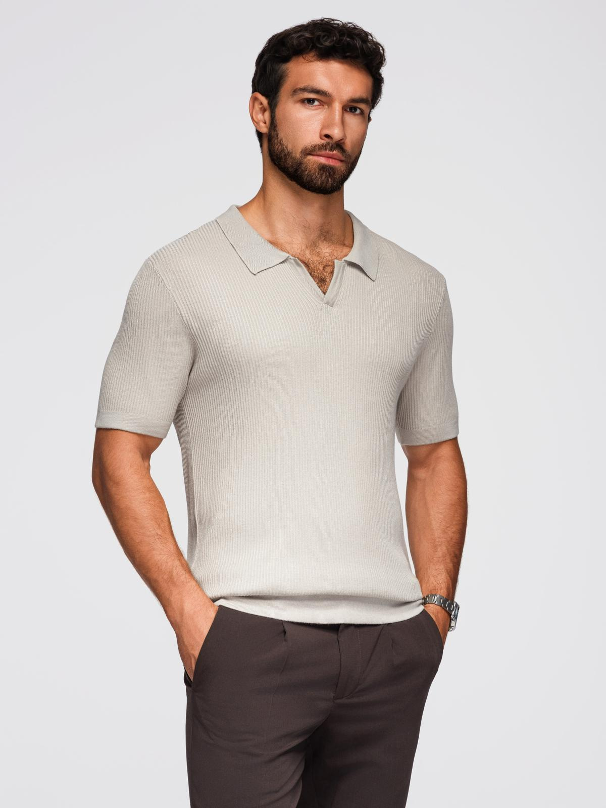 Men's buttonless polo shirt with open collar - light grey V3 OM-POSS ...
