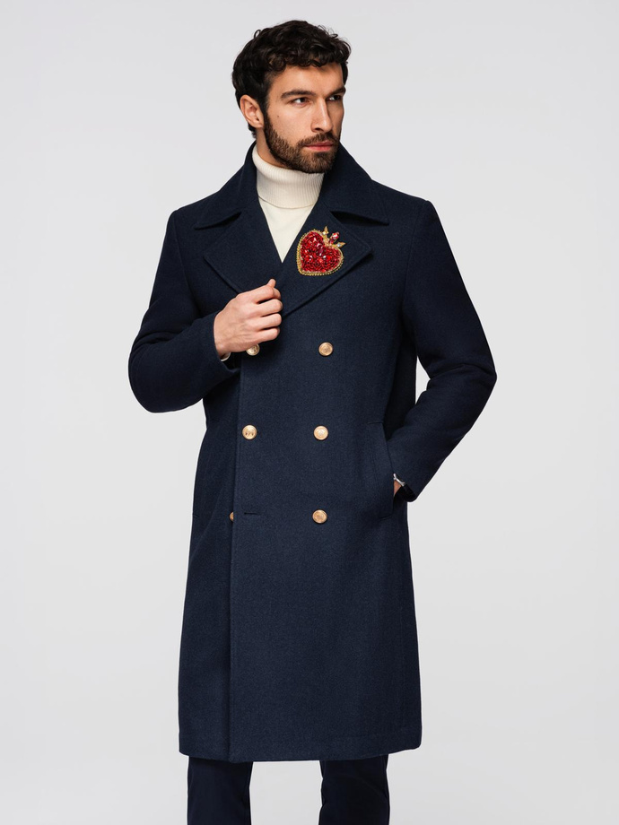 Men's double-breasted coat with wool and decorative appliqués - V1 navy blue OM-COWC-0149