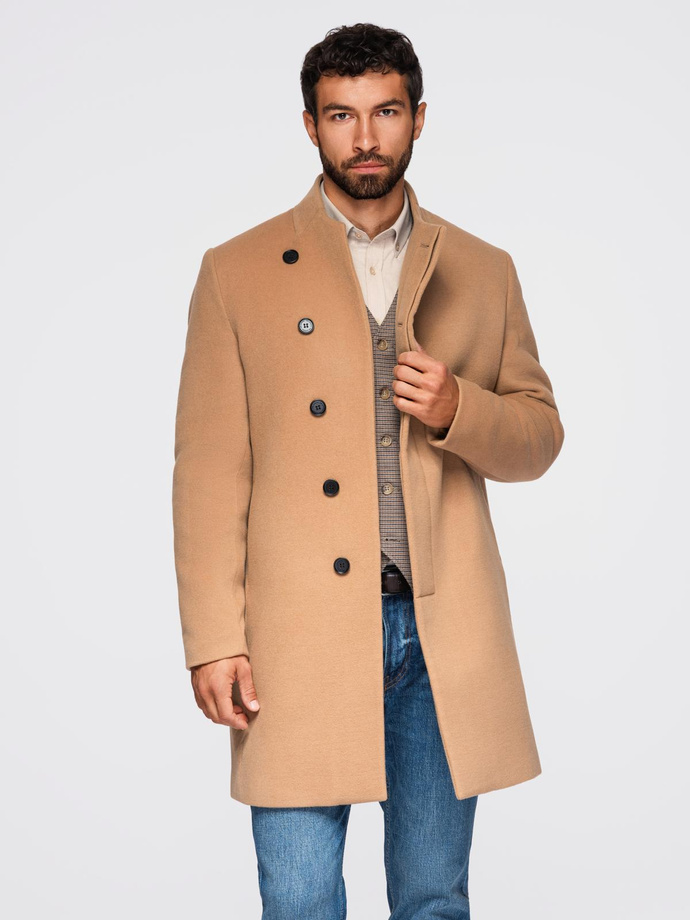 Men's coat with asymmetrical fastening and high collar - light brown V4 OM-COWC-0141