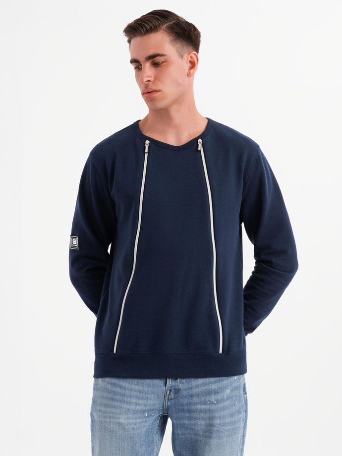 Men's sweatshirt with decorative zips on the front - navy blue V2 OM-SSNZ-0187