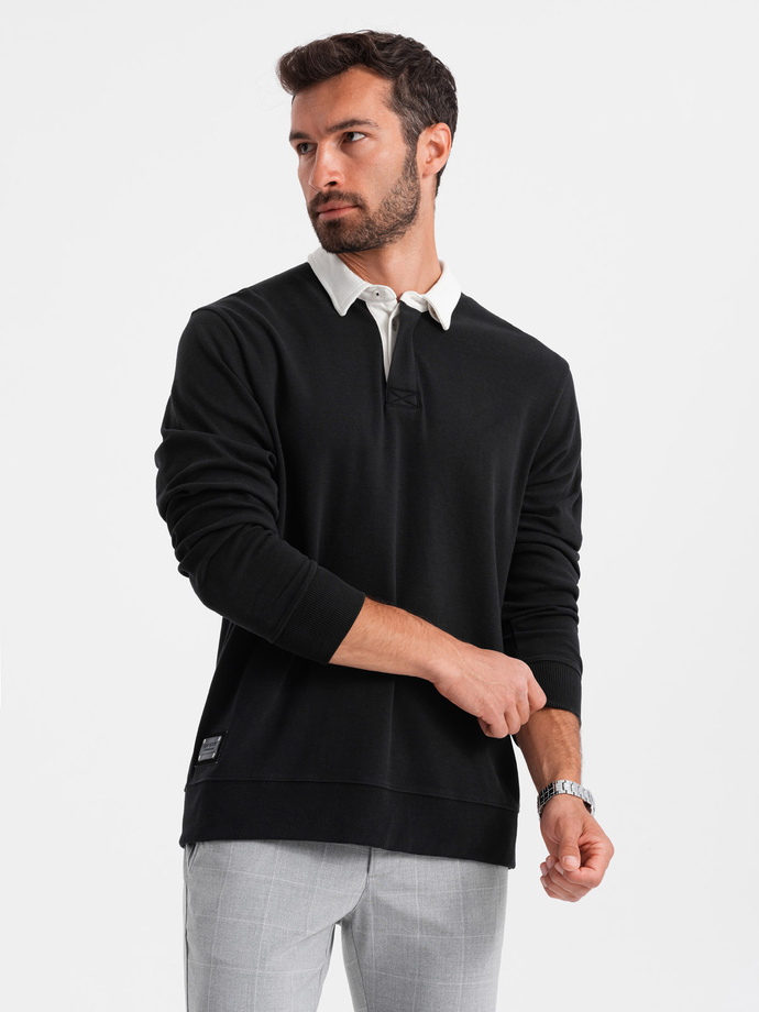 Men's sweatshirt with white polo collar - black V6 OM-SSNZ-0132