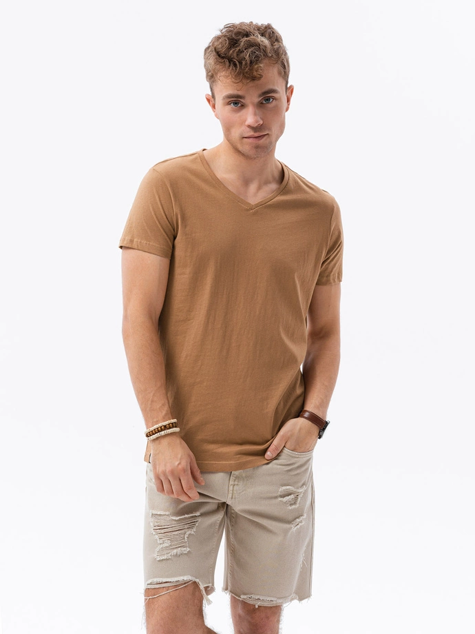 Tricou clasic BASIC cu guler în V pentru bărbați - maro deschis V9 S1369