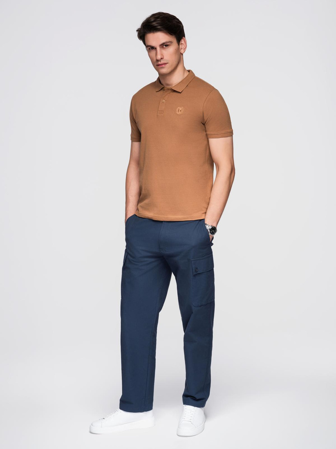 Tricou polo BASIC pentru bărbați BASIC tricot piqué monocolor - maro V23 OM-POBS-0100