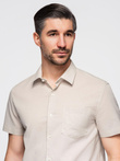 Men's short-sleeved linen-cotton shirt with pocket - beige V4 OM-SHSS-0167