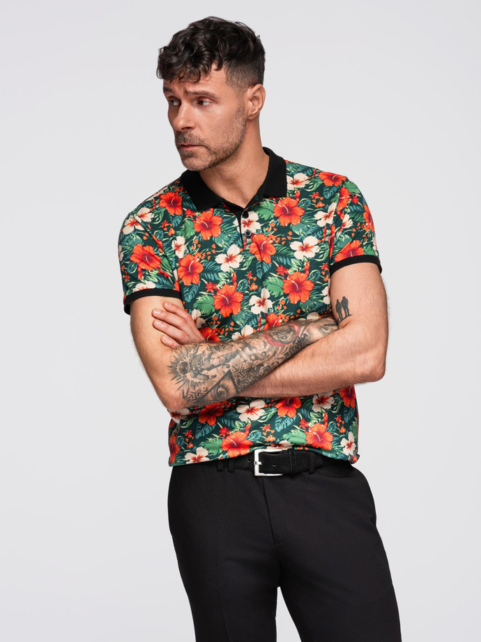 Cotton polo shirt with floral print - black V2 OM-POSS-0149