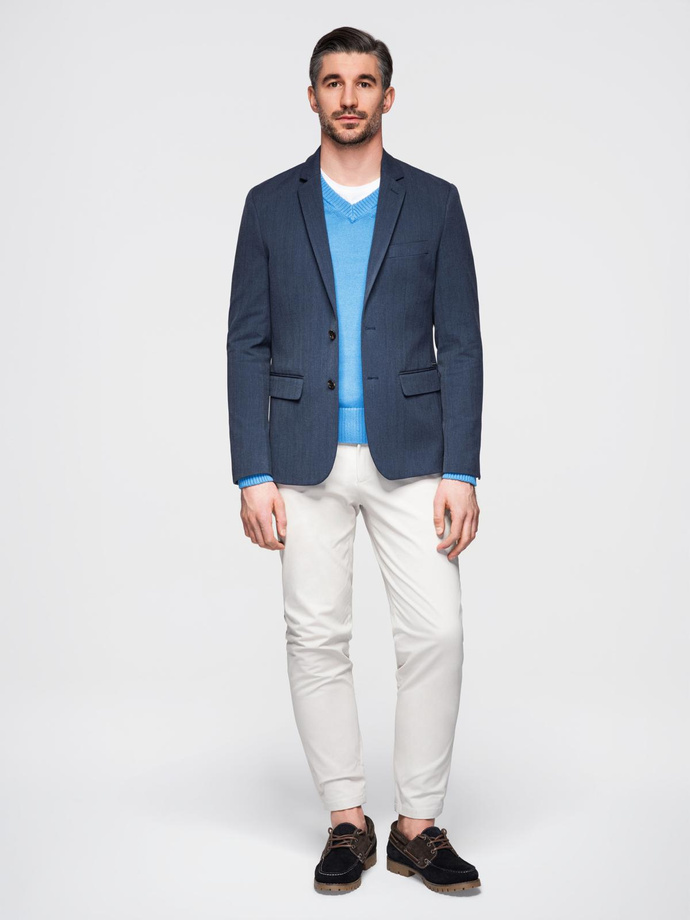 Elegantiška vyriška SLIM FIT striukė su rajono audiniu - tamsiai mėlyna V3 OM-BLZB-0135