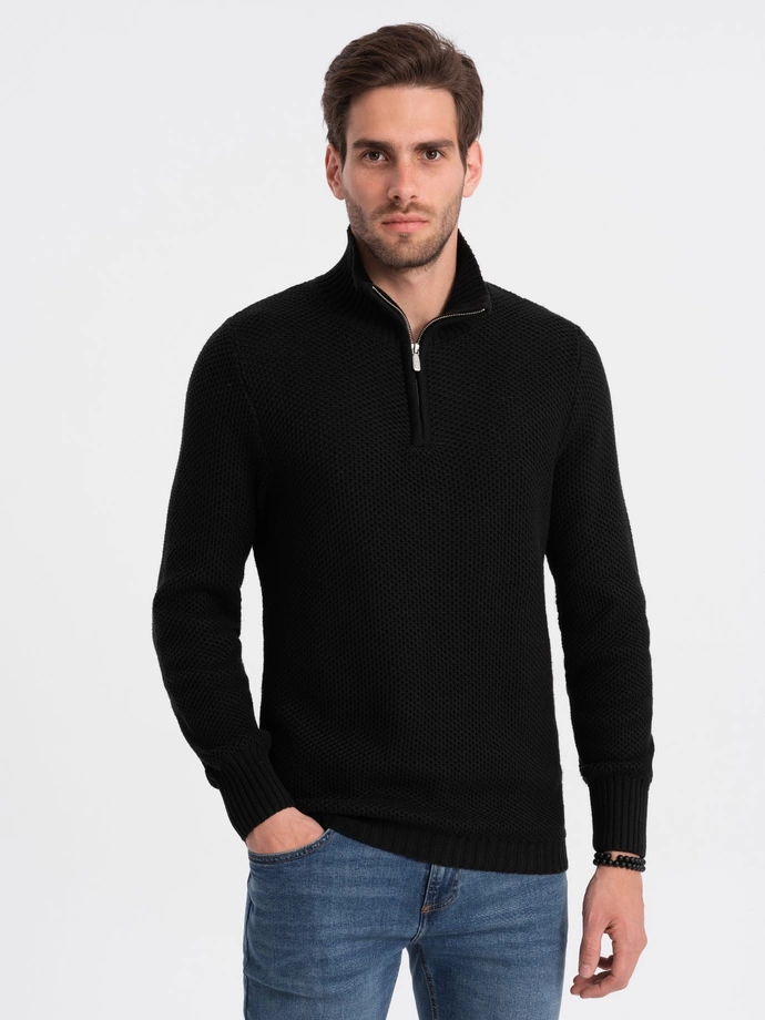 Men's knitted sweater with spread collar - black V3 OM-SWZS-0105