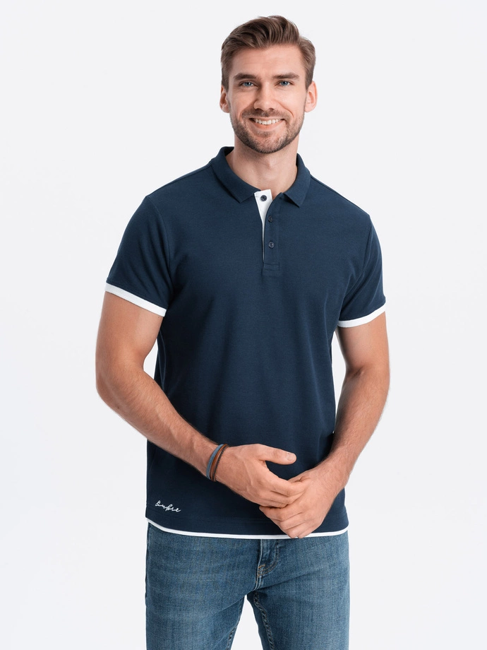 Tricou polo bărbătesc din bumbac cu ornamente contrastante - albastru marin V4 OM-POSS-0113