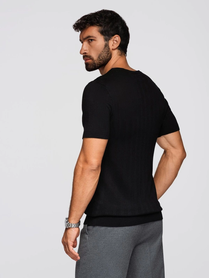 Men's openwork sweater with round neckline and short sleeves - black V2 OM-TSCT-0251