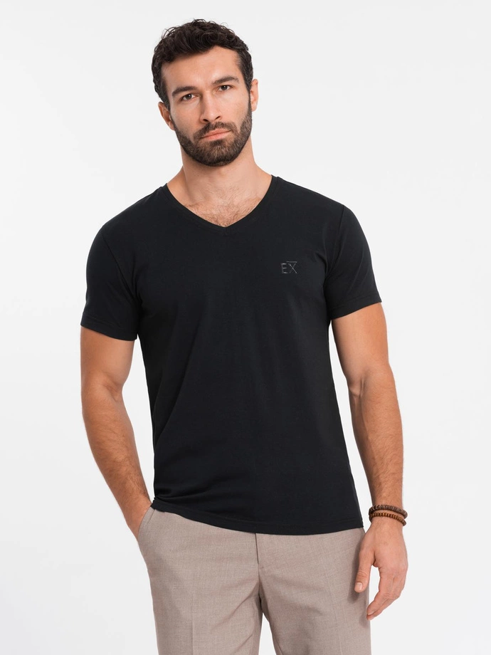 Men's V-neck SLIM FIT T-shirt with elastane and print - black V1 OM-TSBC-0221 