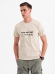 Men's T-shirt with print and round neckline - cream V2 OM-TSFP-0187