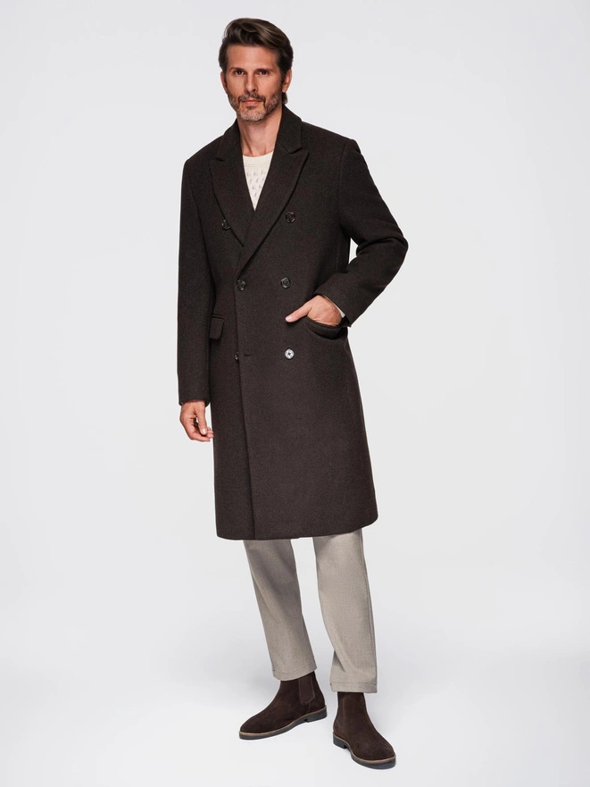 Men's coat with asymmetrical fastening and high collar - light brown V4 OM-COWC-0120