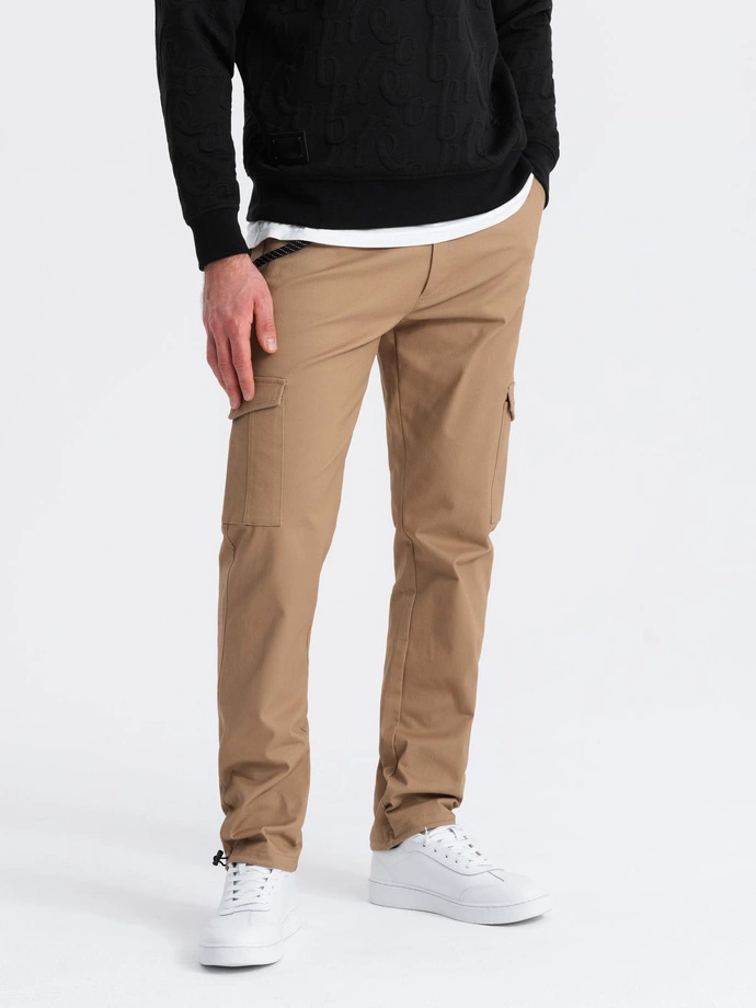 Men's pants with cargo pockets and leg hem - light brown V3 OM-PACG-0189