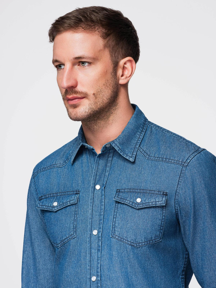 Cămașă bărbătească din denim cu buzunare și fermoar frontal - albastru V2 OM-SHDS-0210