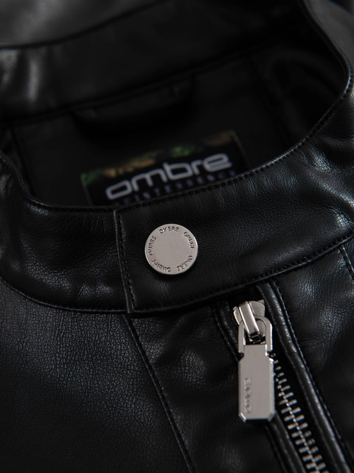 Vyriška dirbtinės odos striukė su briaunuotais kraštais - juoda V2 OM-JAFL-0109