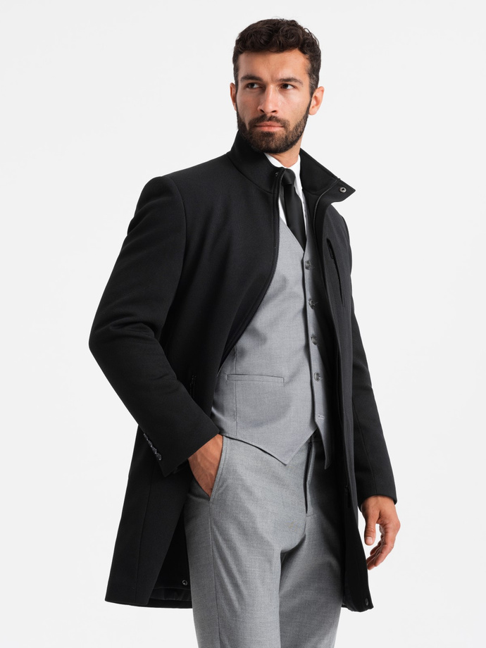 Fitted structured men's high collar coat - black V1 OM-COWC-0117