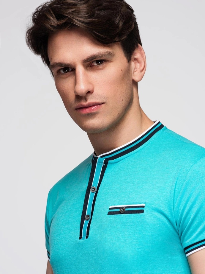 Men's henley t-shirt with decorative ribbing - turquoise V7 OM-TSCT-0175