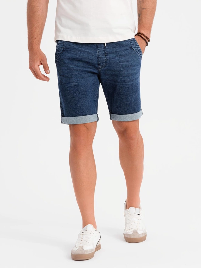 Men's denim shorts with rolled up leg - dark blue V2 OM-SRDS-0161
