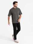 Tricou LOOSE FIT din bumbac pentru bărbați cu decolteu rotund - gri-verde V3 OM-TSBC-0234