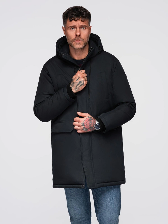 Jachetă parka Classic Long pentru bărbați - negru V6 OM-JAPJ-0313
