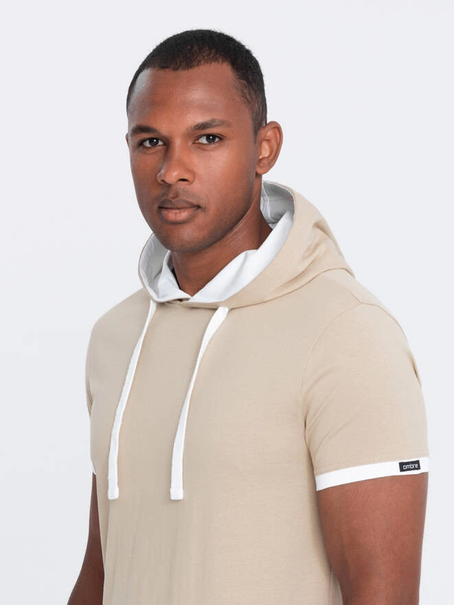 Tricou bărbătesc casual din bumbac cu glugă - bej V5 OM-TSCT-22SS-001