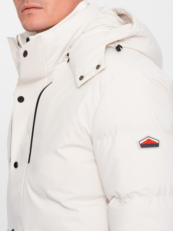 Men's winter jacket with detachable hood and cargo pockets - cream V2 OM-JAHP-0152