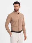 Vyriški lininiai marškiniai su apykakle ir kišenėmis REGULAR FIT - šviesiai rudi V7 OM-SHCS-0161