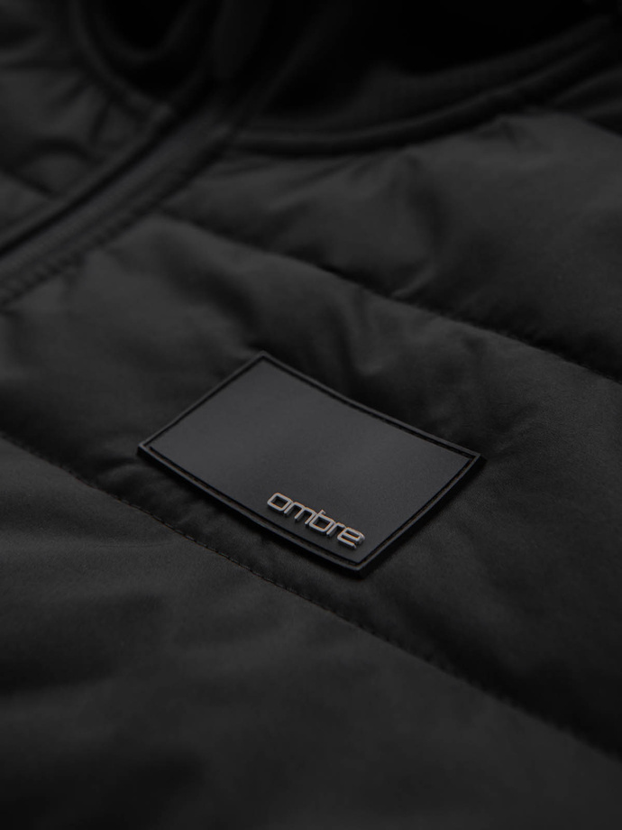 Men's lightweight jacket of combined materials with hood and decorative quilting - black V5 OM-JANP-0160