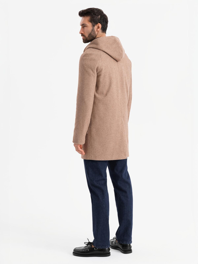 Melange long men's hooded coat - beige V2 OM-COWC-0122
