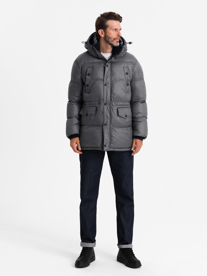 Men's long puffer jacket with snap pockets - graphite V1 OM-JALJ-0186