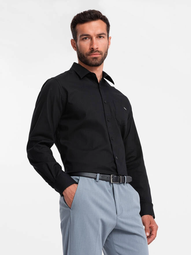 Men's cotton shirt with pocket REGULAR FIT - black V1 OM-SHCS-0147